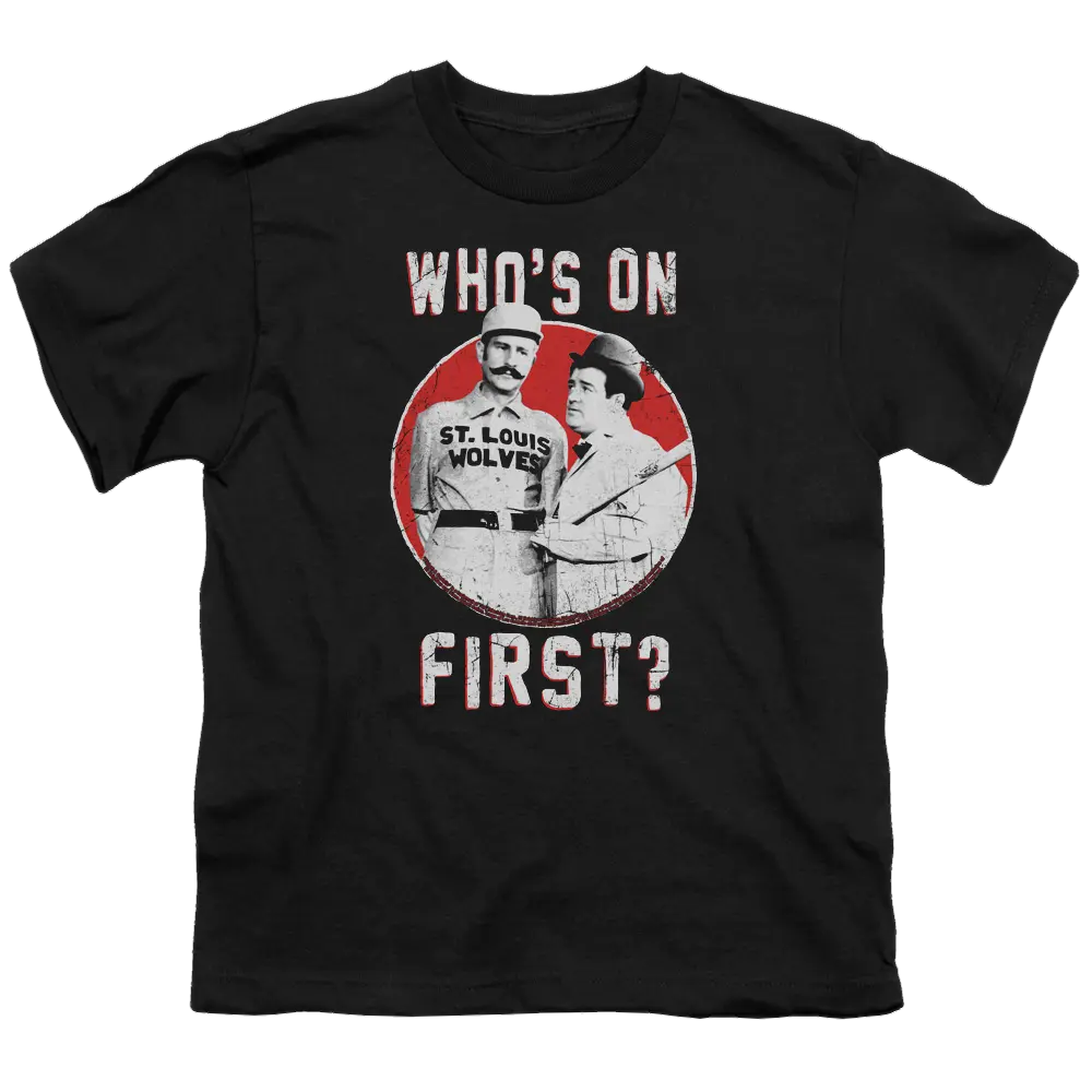 Black youth t-shirt with vintage Abbott and Costello "Who's On First?" graphic and white text.