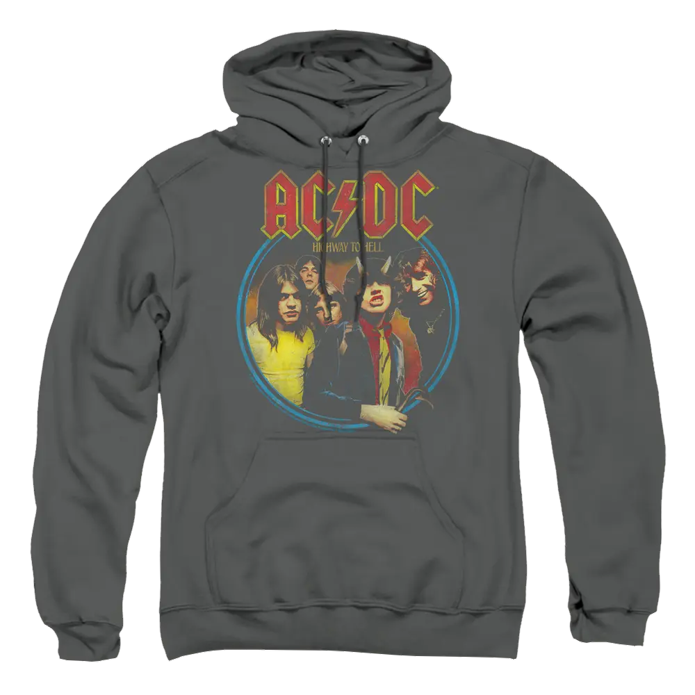 Charcoal AC/DC pullover hoodie with red and yellow band logo and vintage band photo on front.