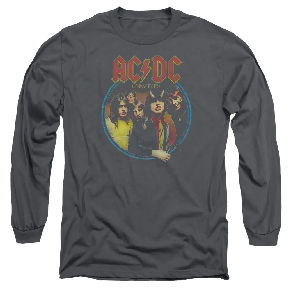 Charcoal men's long sleeve t-shirt with AC/DC Highway to Hell band graphic and red logo on front.