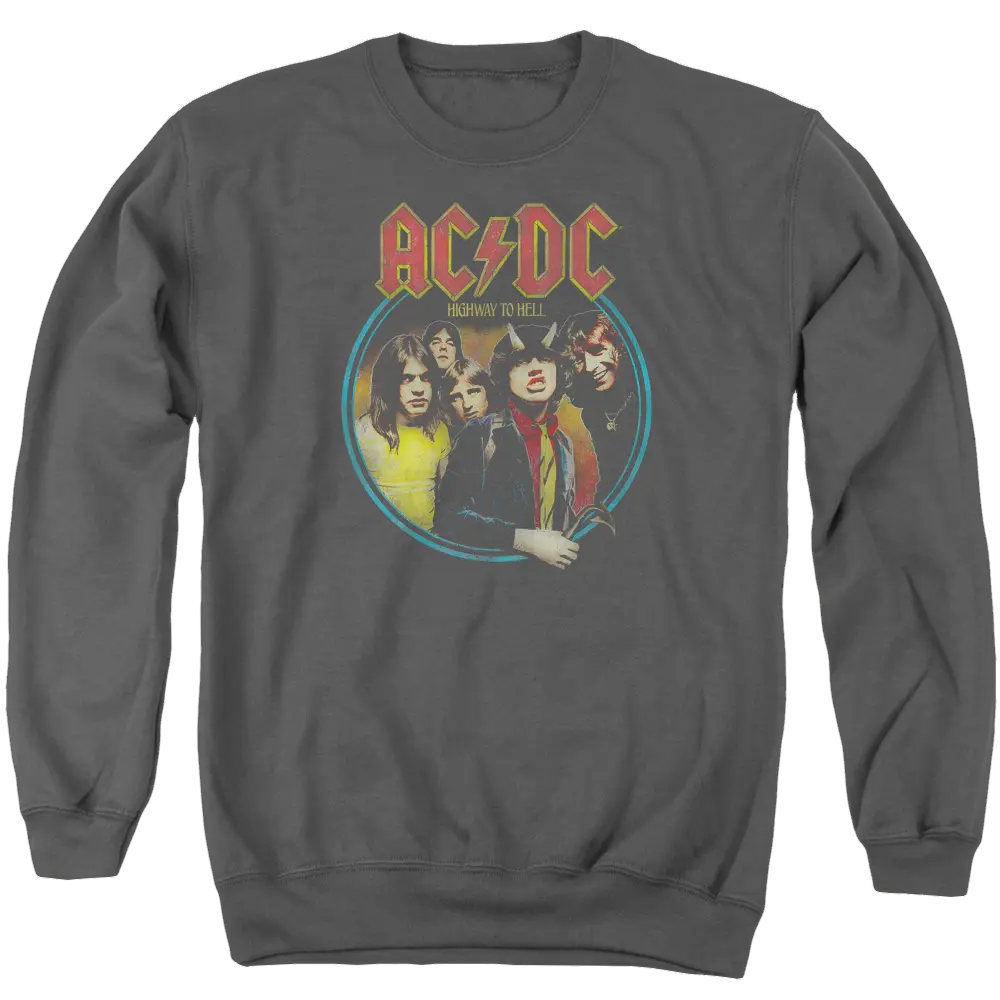Charcoal crewneck sweatshirt with vintage AC/DC band photo and red-yellow logo on front.
