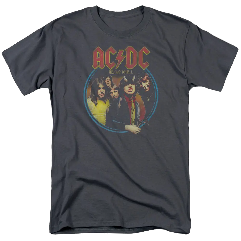 Charcoal AC/DC band graphic T-shirt with vintage-style "Highway to Hell" design, men's regular fit.