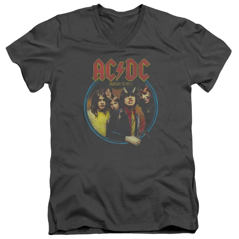 Charcoal men's V-neck t-shirt with AC/DC Highway To Hell band graphic in red and yellow.