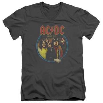 Charcoal men's V-neck t-shirt with AC/DC Highway To Hell band graphic in red and yellow.