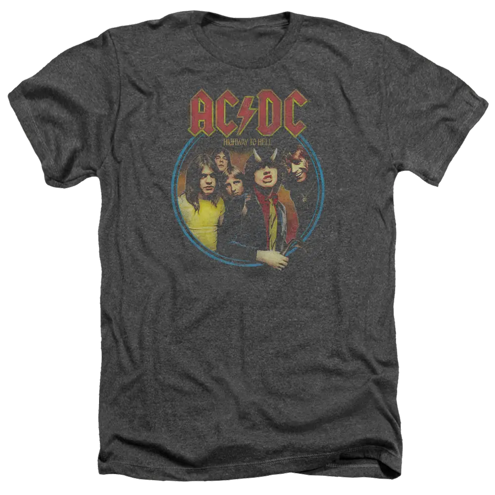 Charcoal heather men's t-shirt featuring AC/DC band members graphic with red AC/DC logo above.