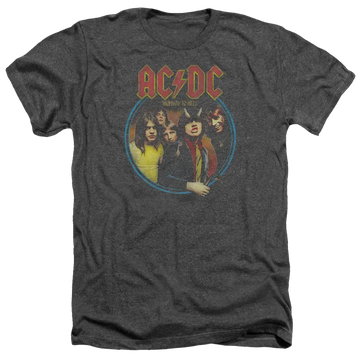 Charcoal heather men's t-shirt featuring AC/DC band members graphic with red AC/DC logo above.