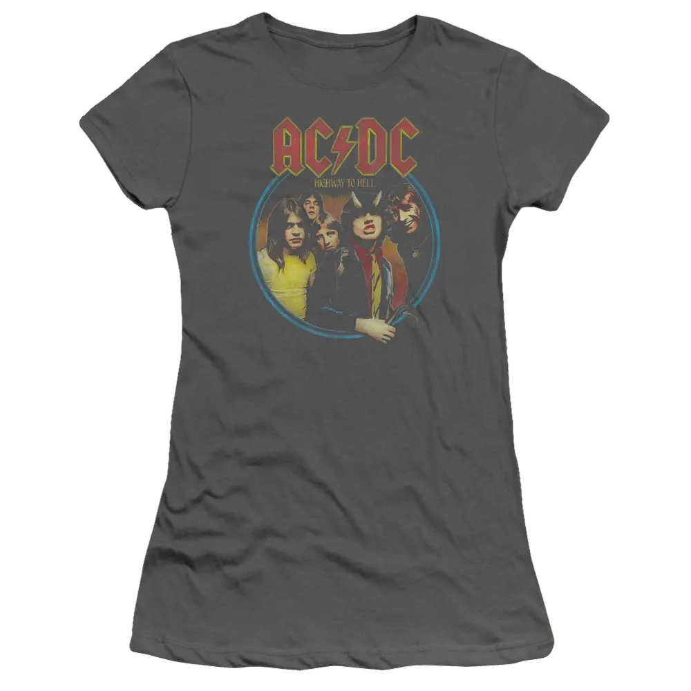 Charcoal juniors fitted t-shirt with vintage AC/DC band photo and red AC/DC logo on front.