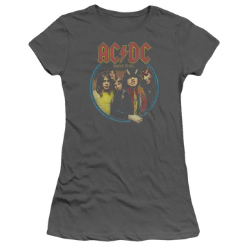 Charcoal juniors fitted t-shirt with vintage AC/DC band photo and red AC/DC logo on front.