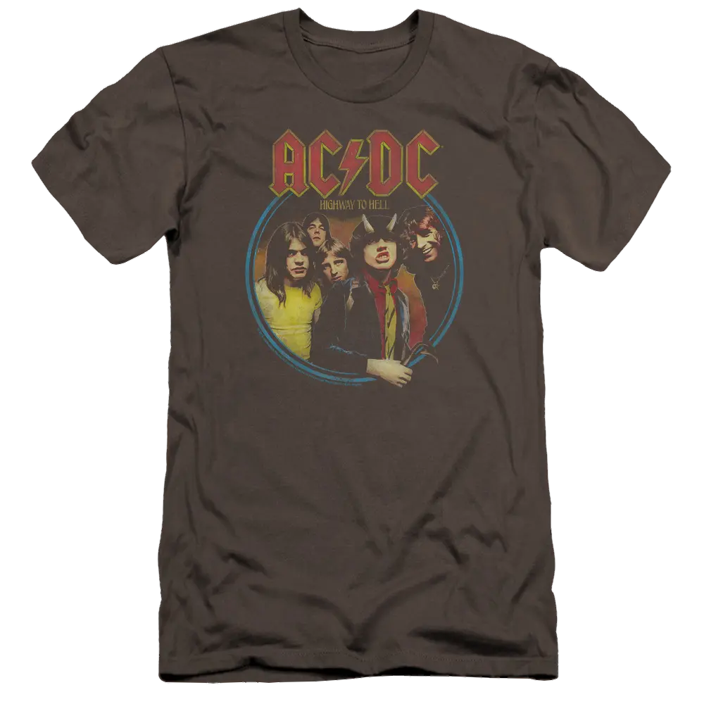 Charcoal slim fit t-shirt featuring AC/DC band members graphic with yellow and red text.