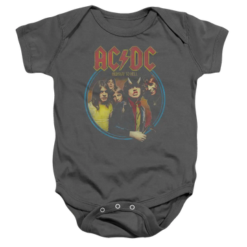 Charcoal baby bodysuit with vintage AC/DC Highway To Hell band graphic and logo on front.