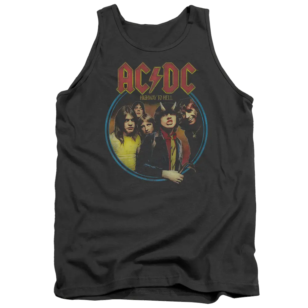 Charcoal men's tank top with vintage AC/DC Highway To Hell band graphic and red logo.