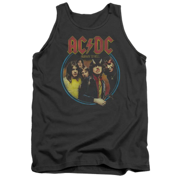 Charcoal men's tank top with vintage AC/DC Highway To Hell band graphic and red logo.