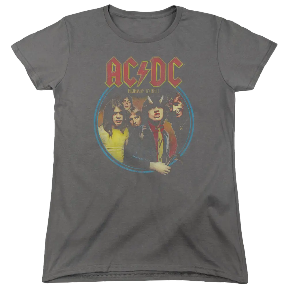 Charcoal women's t-shirt featuring AC/DC band members and "Highway to Hell" text in vintage style.