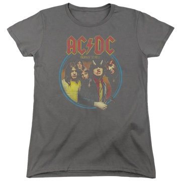 Charcoal women's t-shirt featuring AC/DC band members and "Highway to Hell" text in vintage style.