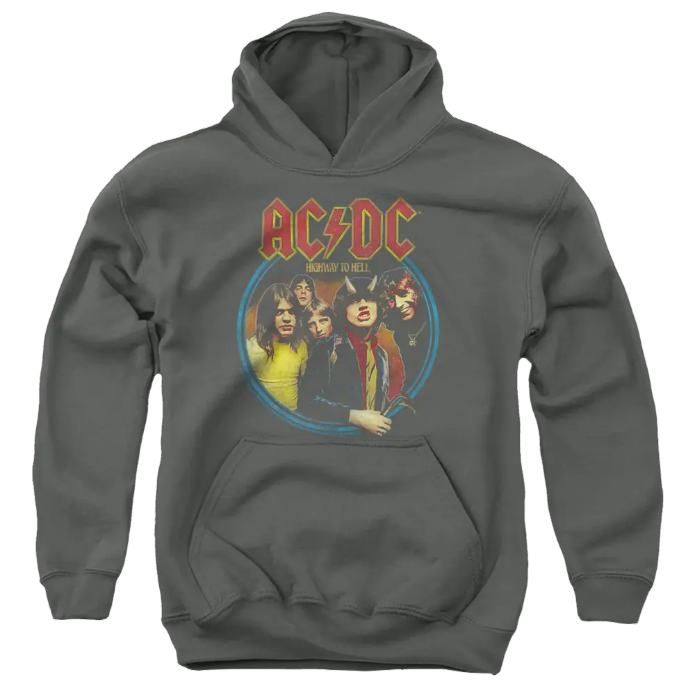 Charcoal youth hoodie with AC/DC band graphic and "Highway To Hell" text on front.