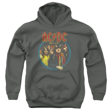 Charcoal youth hoodie with AC/DC band graphic and "Highway To Hell" text on front.