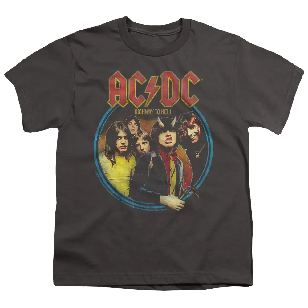 Charcoal youth t-shirt featuring AC/DC band members and "Highway To Hell" text in red and yellow.
