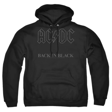Black pullover hoodie with AC/DC logo and "Back In Black" text on front.