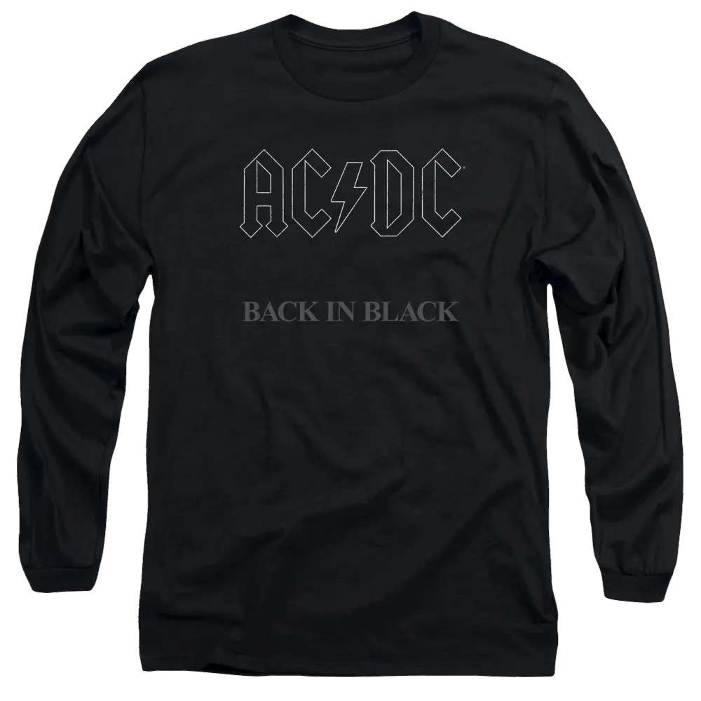 Black men's long sleeve t-shirt with gray AC/DC logo and "Back In Black" text on front.
