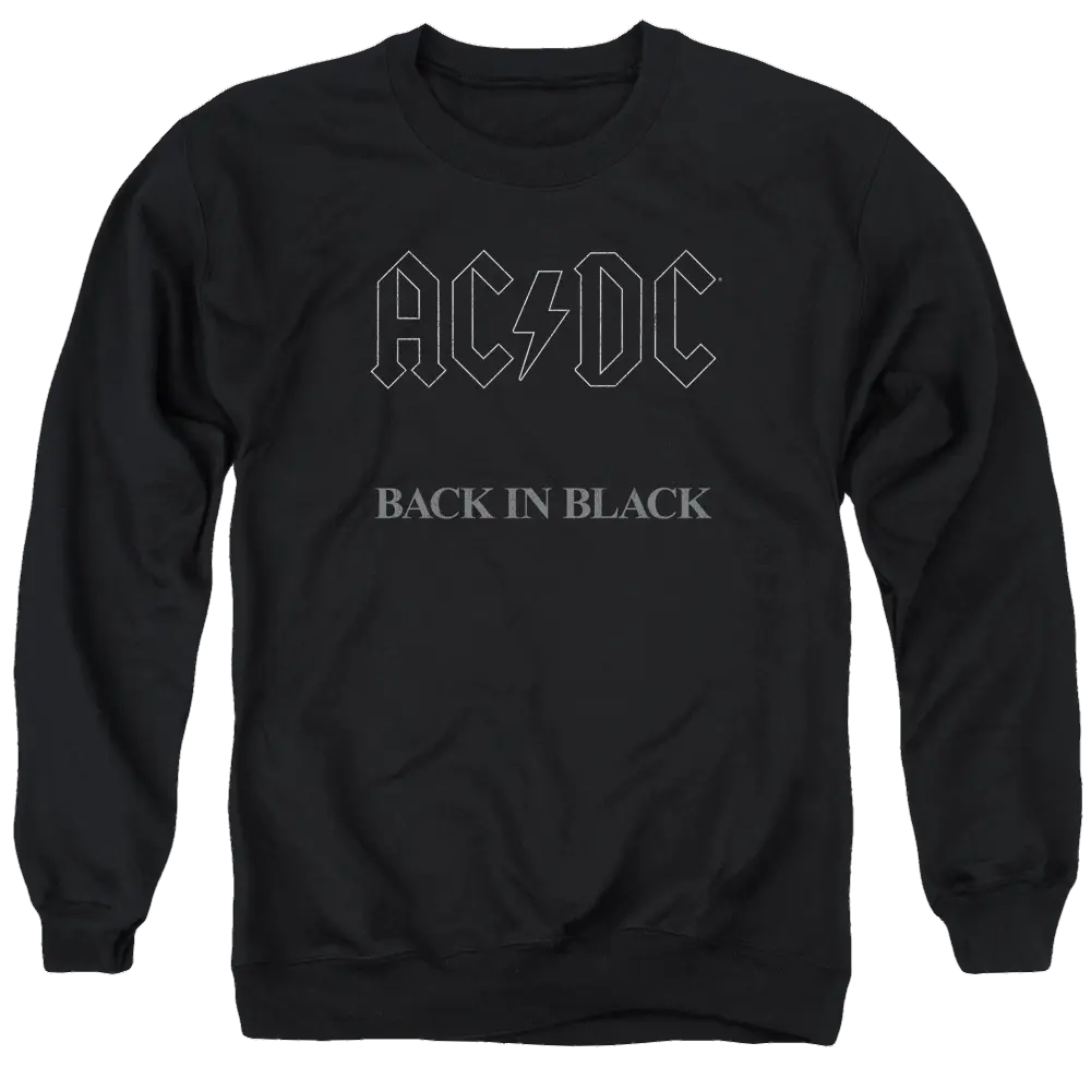 Black crewneck sweatshirt with grey AC/DC logo and "BACK IN BLACK" text on front.