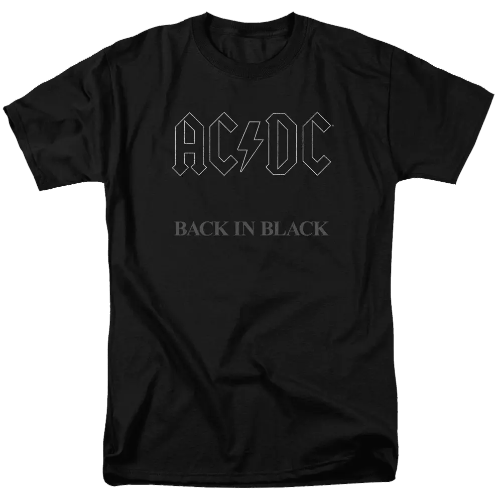 Black men's regular fit t-shirt with gray AC/DC logo and "Back In Black" text on front.