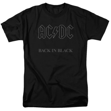 Black men's regular fit t-shirt with gray AC/DC logo and "Back In Black" text on front.
