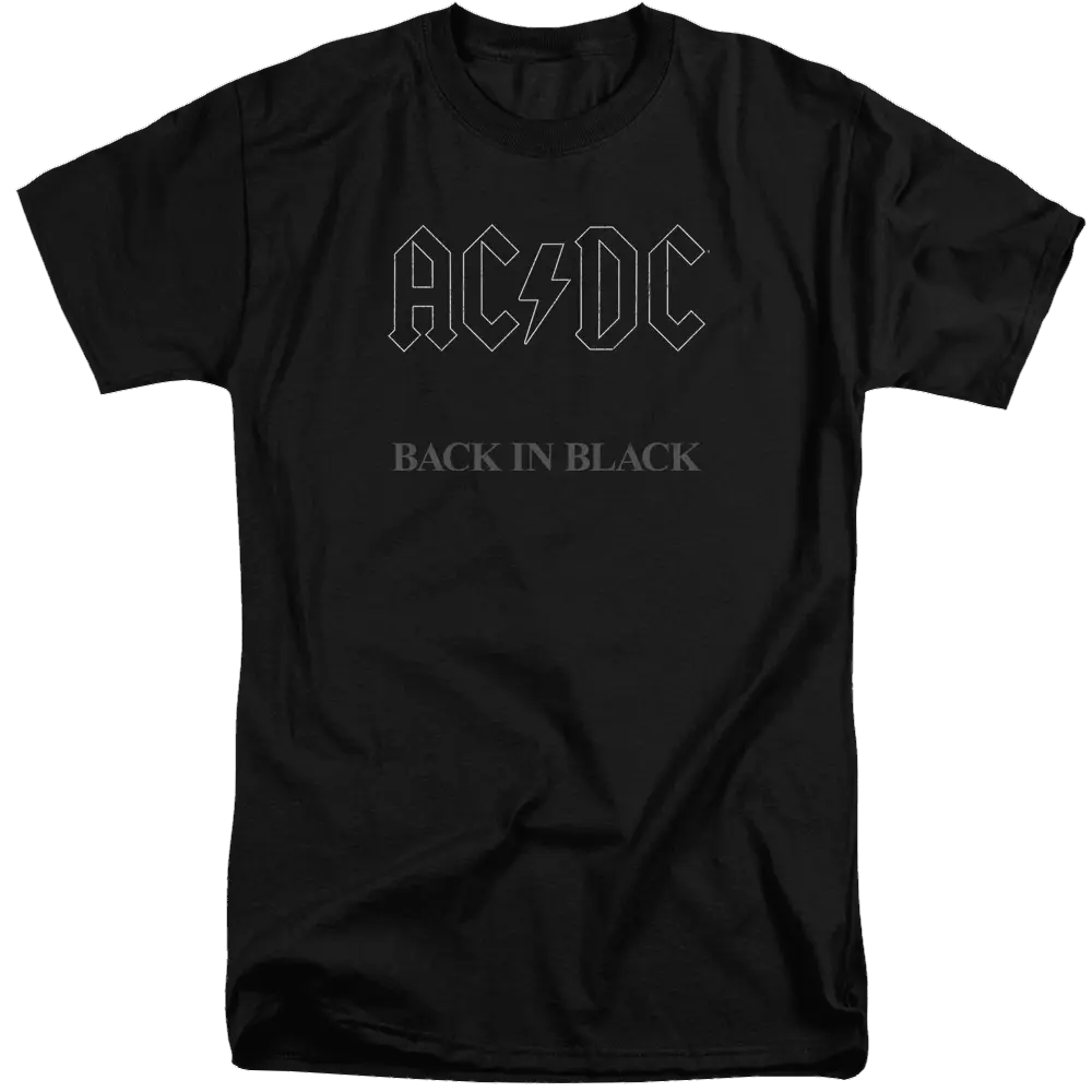 Black men's tall fit t-shirt with subtle AC/DC logo and "Back In Black" text on front.