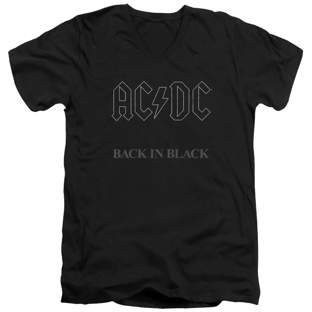 Black men's V-neck t-shirt with gray AC/DC logo and "Back In Black" text on front.