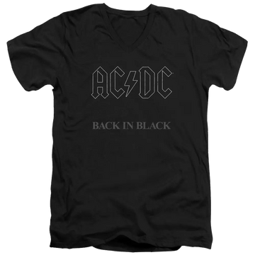 Black men's V-neck t-shirt with gray AC/DC logo and "Back In Black" text on front.