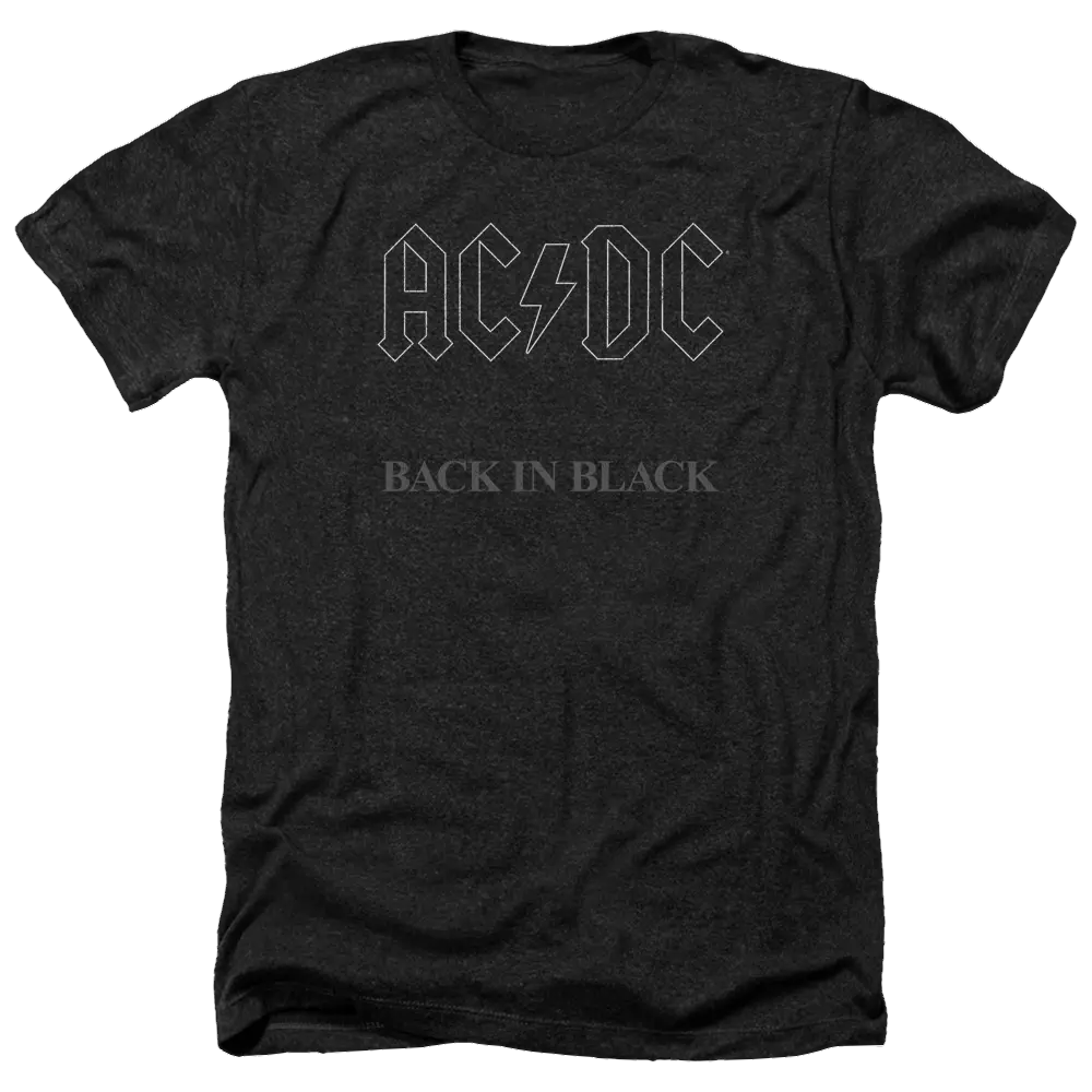 Men's charcoal heather t-shirt with AC/DC logo and "Back In Black" text on front.