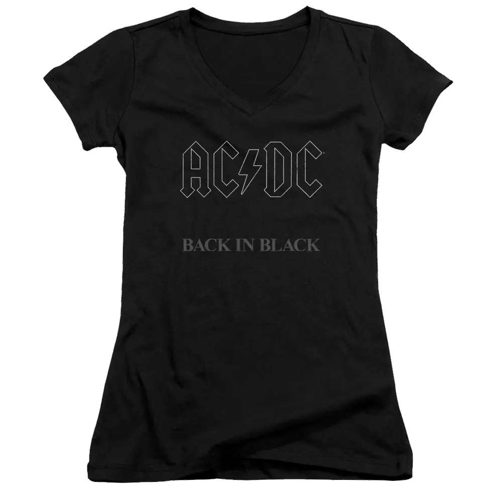 Black juniors V-neck T-shirt with AC/DC logo and "Back In Black" text in gray font.
