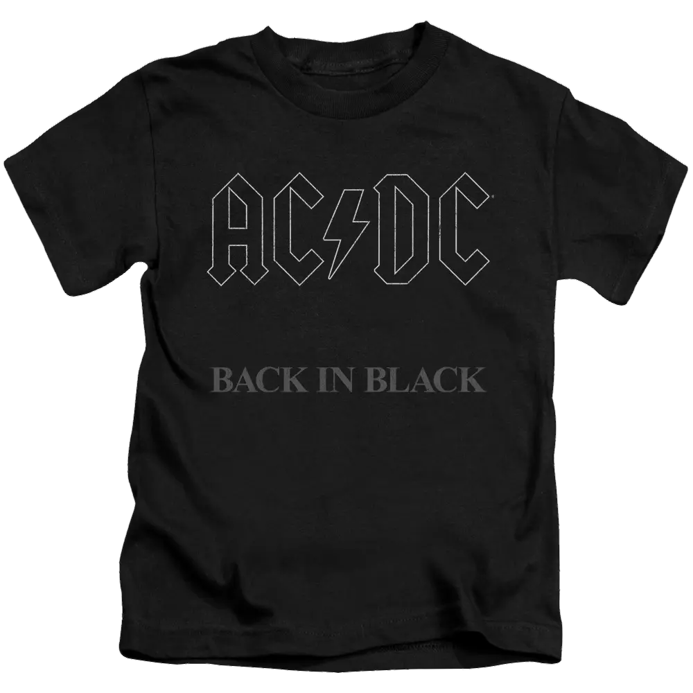 Black kid's t-shirt featuring gray AC/DC logo and "Back In Black" text on front.