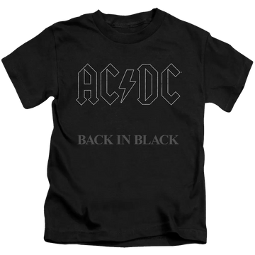 Black kid's t-shirt featuring gray AC/DC logo and "Back In Black" text on front.