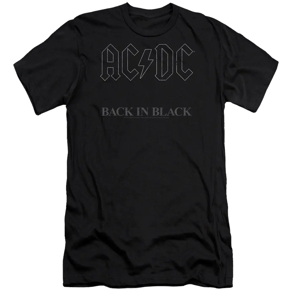 Black men's slim fit t-shirt with AC/DC logo and "Back In Black" text in dark gray.