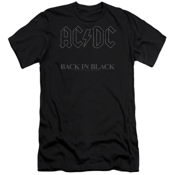 Black men's slim fit t-shirt with AC/DC logo and "Back In Black" text in dark gray.
