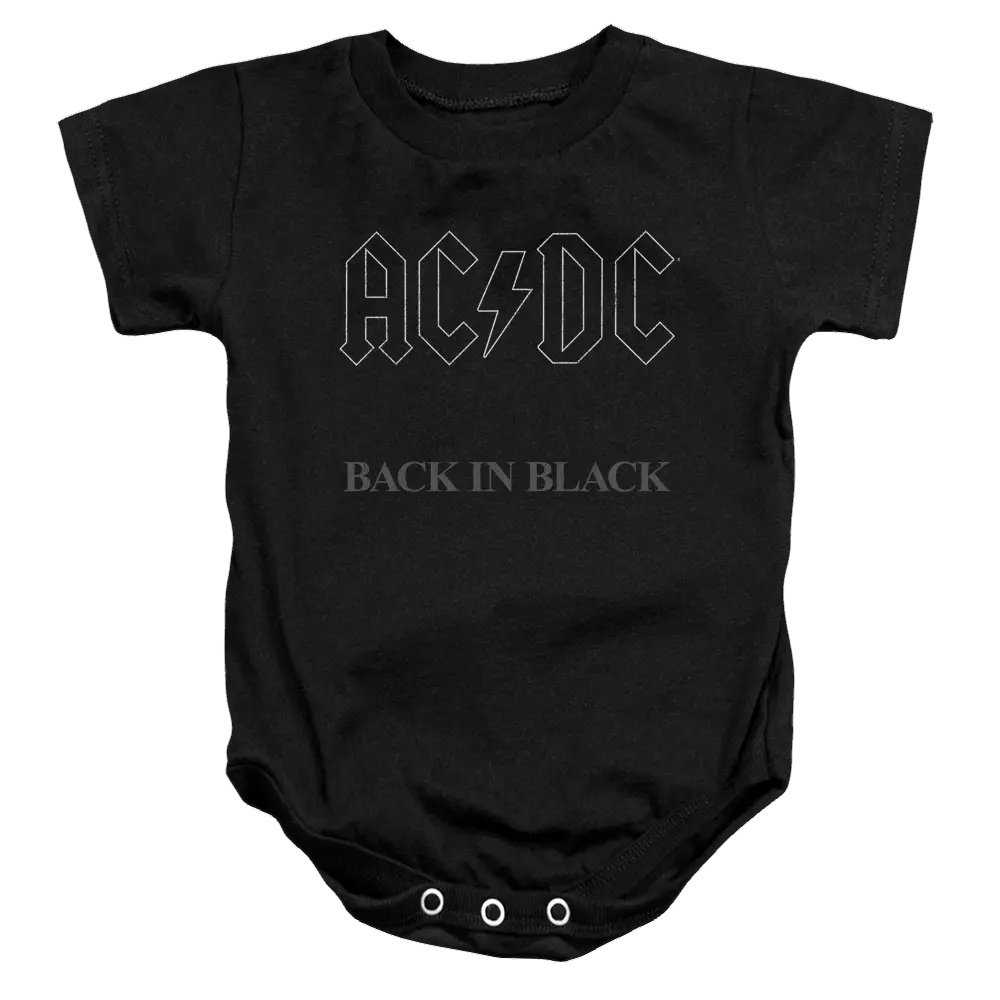 Black baby bodysuit with gray AC/DC logo and "Back In Black" text on front, snap closures at bottom.