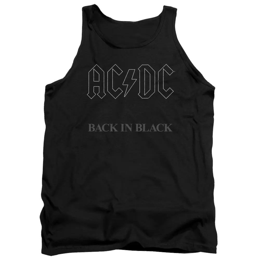 Black men's tank top with AC/DC logo and "Back In Black" text in gray lettering.