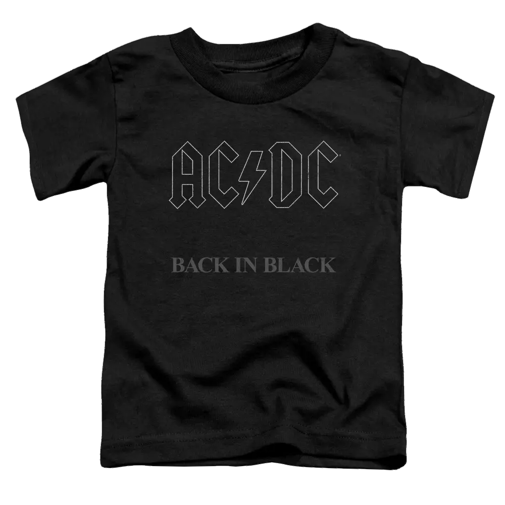 Black toddler t-shirt with gray AC/DC logo and "Back In Black" text on the front.