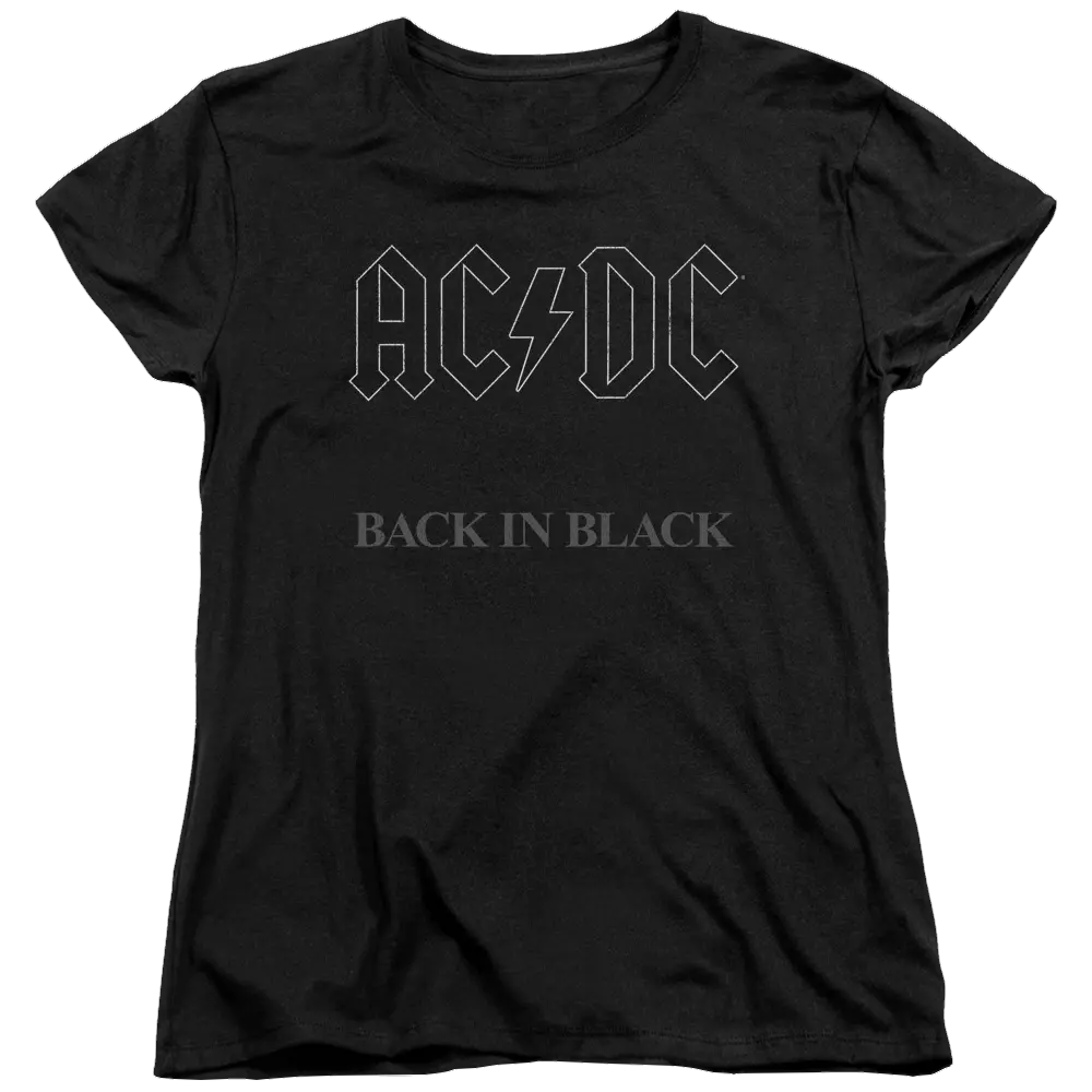 Black women's t-shirt with AC/DC logo and "Back In Black" text in gray on front.