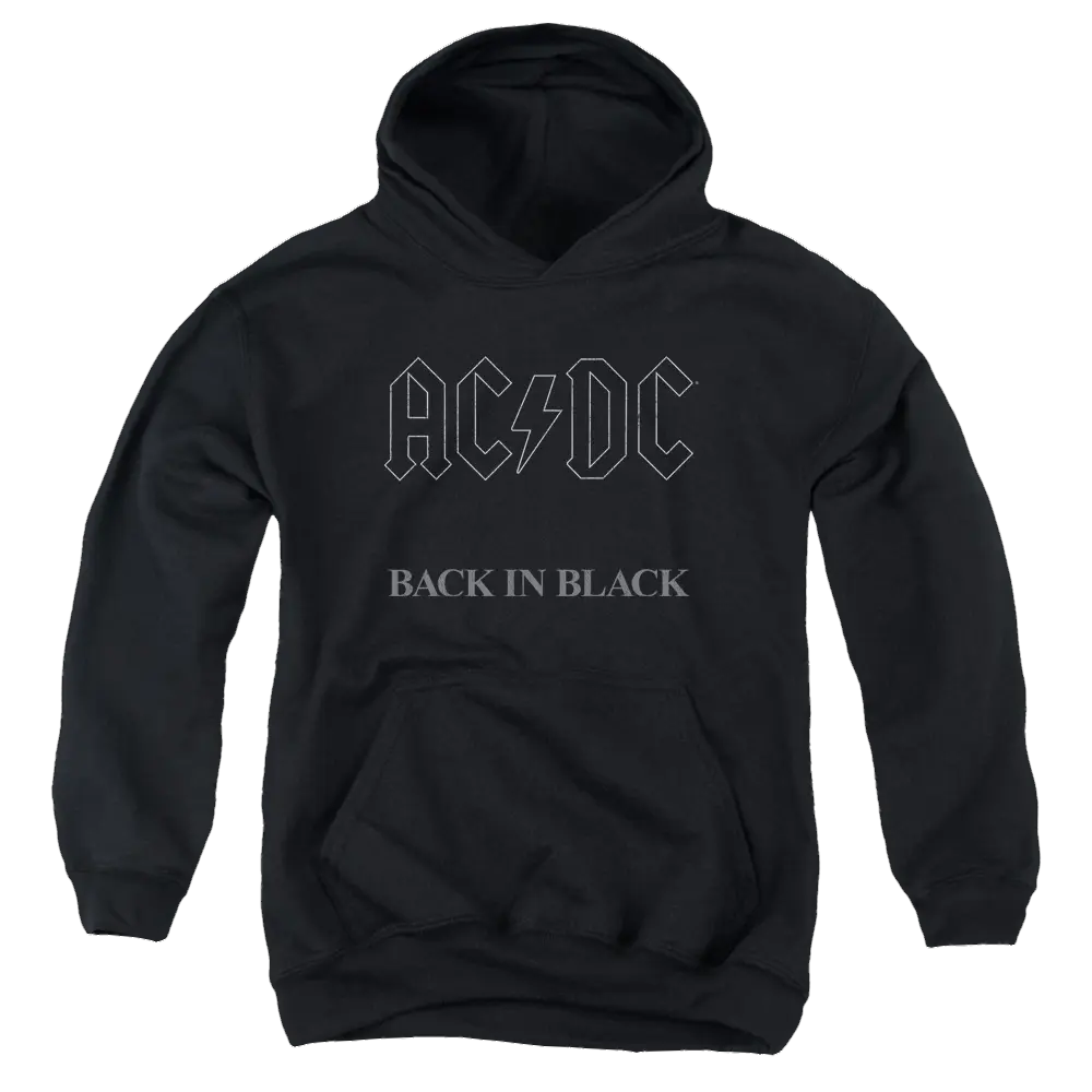 Black youth hoodie with AC/DC logo and "Back In Black" text on front, kangaroo pocket.