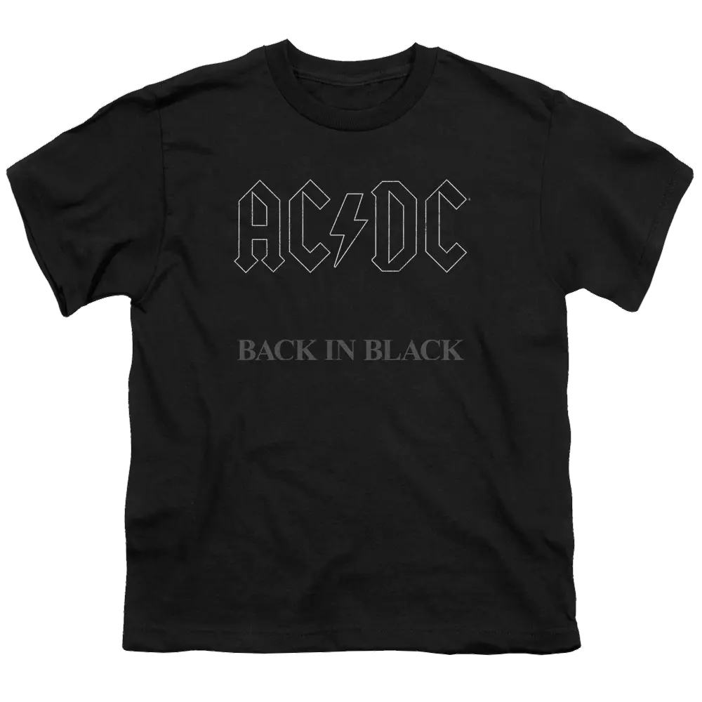Black youth t-shirt with AC/DC logo and "Back In Black" text in gray on front.