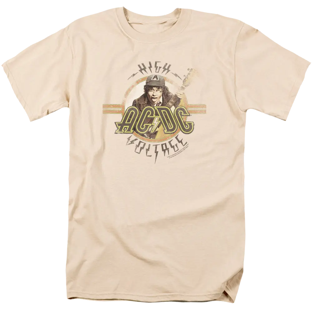 Cream men's regular fit T-shirt with AC/DC High Voltage graphic and vintage band logo.