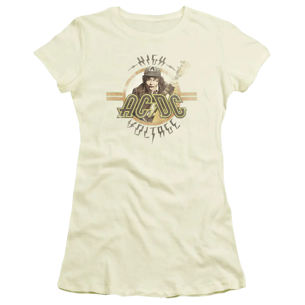 Cream juniors fitted t-shirt with vintage AC/DC High Voltage graphic and band members illustration.