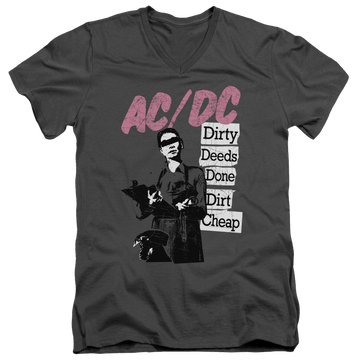 Charcoal men's v-neck t-shirt with AC/DC Dirty Deeds graphic