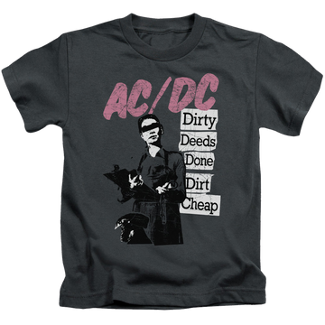 Charcoal kid's t-shirt for ages 4 to 7 with AC/DC Dirty Deeds graphic