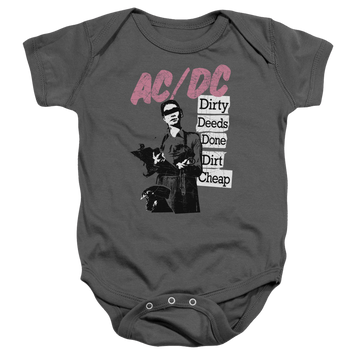 Charcoal baby bodysuit with AC/DC Dirty Deeds graphic