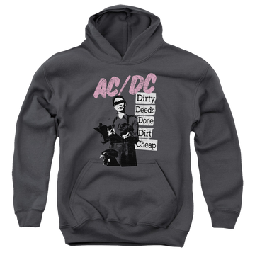 Charcoal youth hoodie for ages 8 to 12 with AC/DC Dirty Deeds graphic