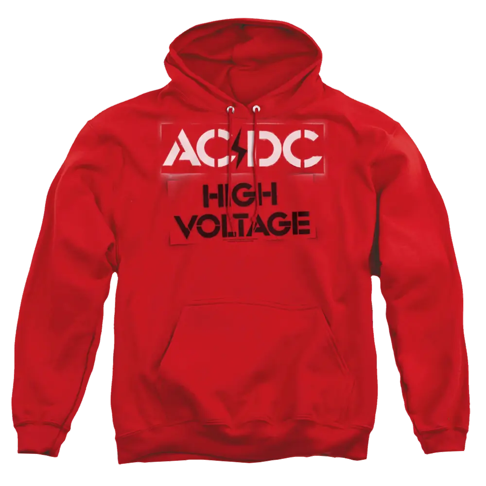 Red pullover hoodie with AC/DC logo and "High Voltage" text in white and black on front.