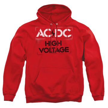 Red pullover hoodie with AC/DC logo and "High Voltage" text in white and black on front.