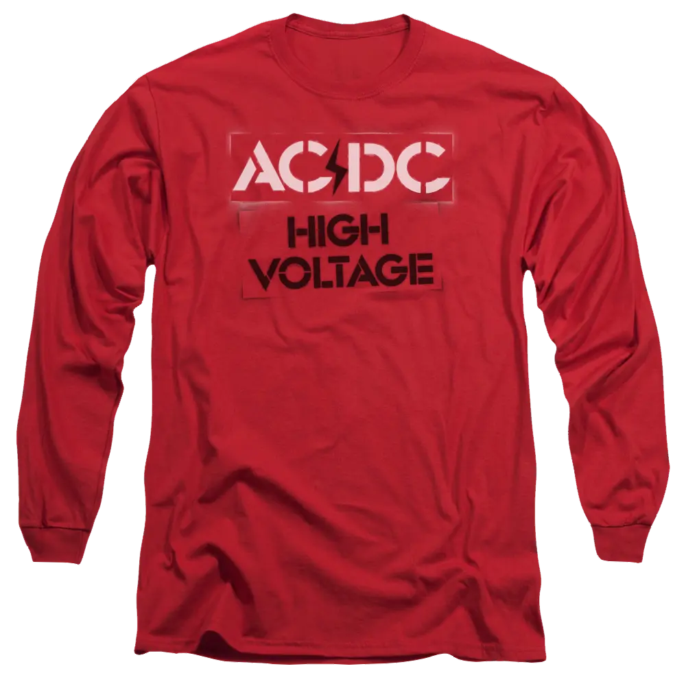 Red long sleeve t-shirt with white AC/DC logo and black "High Voltage" text on front.
