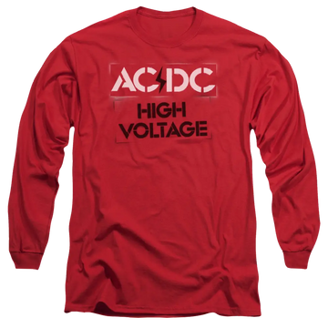 Red long sleeve t-shirt with white AC/DC logo and black "High Voltage" text on front.